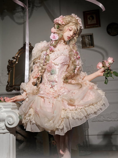 Entbeint Vollkorsett Hanayome Rosa Kleid JSK Floral Taille Prinzessin Lolita Set Fee