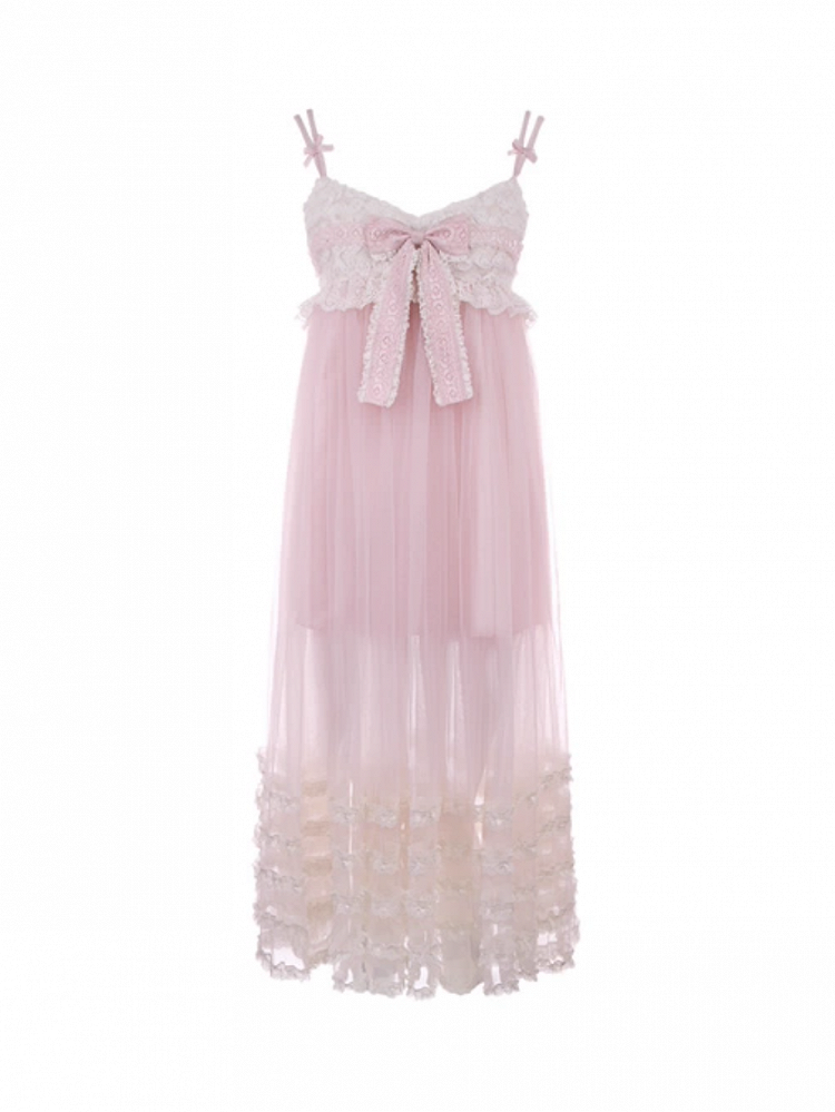 Rosa Länge Slip Spitzenkleid Rüschen Bowknot Tiered Knöchel mit