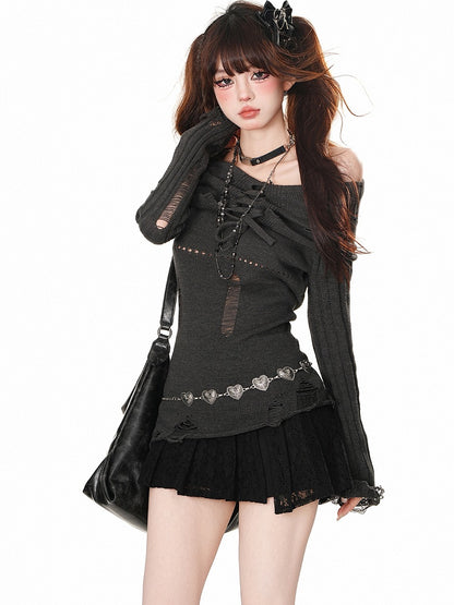 Light Grey/Dark Grey Lace-up Detail Distressed Off-Shoulder Knit Top