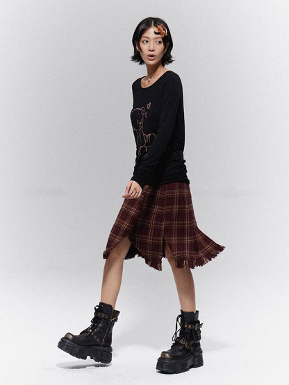Raw Plaid Hem with Vintage Prep Brown-Red Skirt