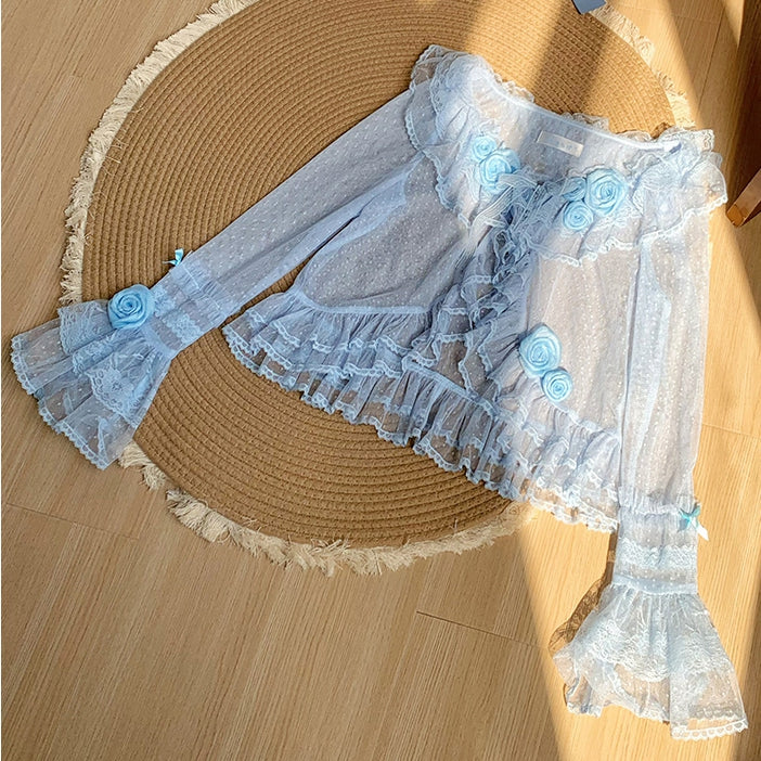 Sheer Dotted Flounce Trimming Sleeves Long Top Blue Tulle