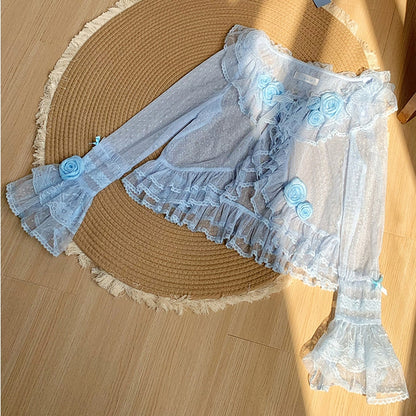 Sheer Dotted Flounce Trimming Sleeves Long Top Blue Tulle