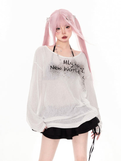 ホワイトレタープリントのカバーアップ セミシースルーネックライン アシンメトリー