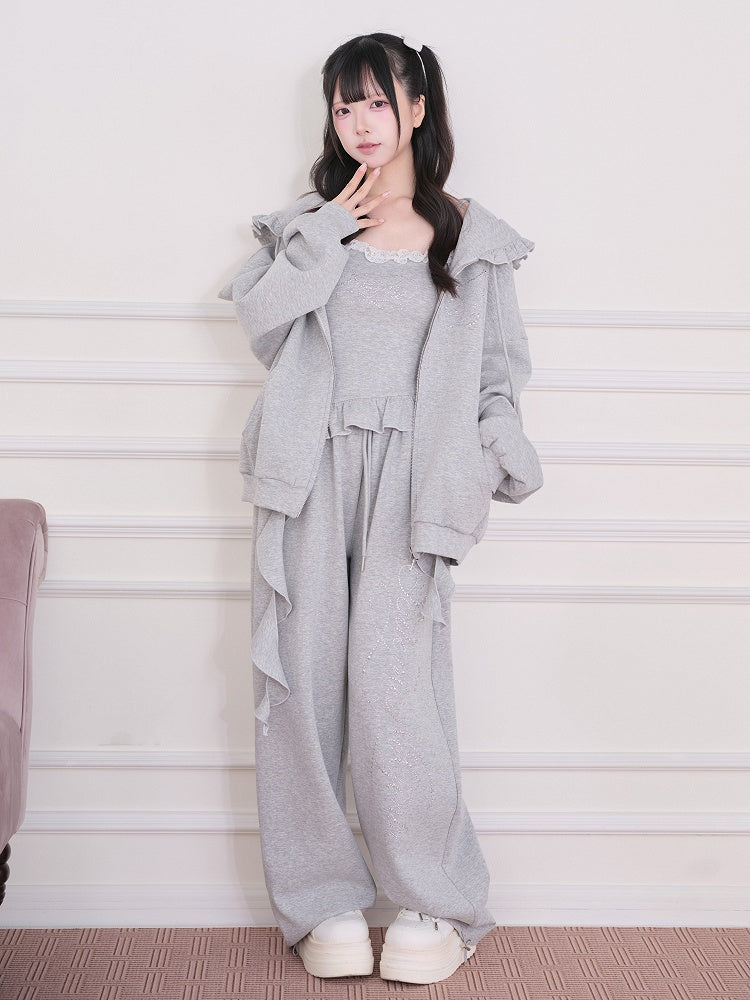 Gray Straight-Leg Pants with Rhinestone Embellishment - No Genki
