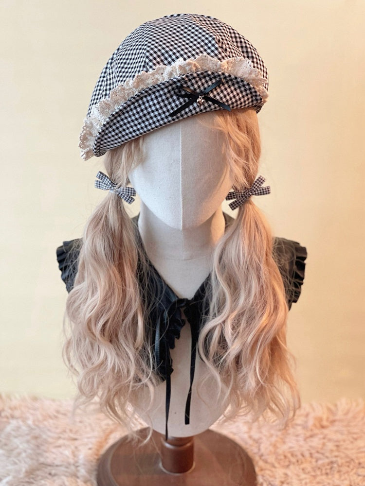 Brim Black and Flipped Gingham Beret White with