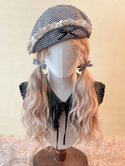 Brim Black and Flipped Gingham Beret White with