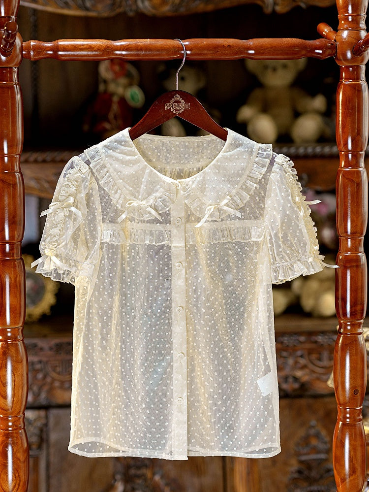 Apricot Peter Pan Collar Polka Dot Sheer Tulle Blouse - Dream Magic Box