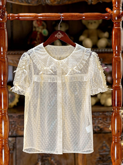 Apricot Peter Pan Collar Polka Dot Sheer Tulle Blouse - Dream Magic Box