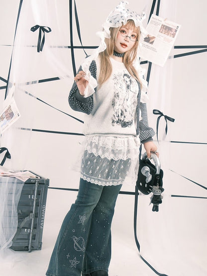 Print Anime with Girl Polka Size Striped Y2K Sleeve White Top Plus Dot