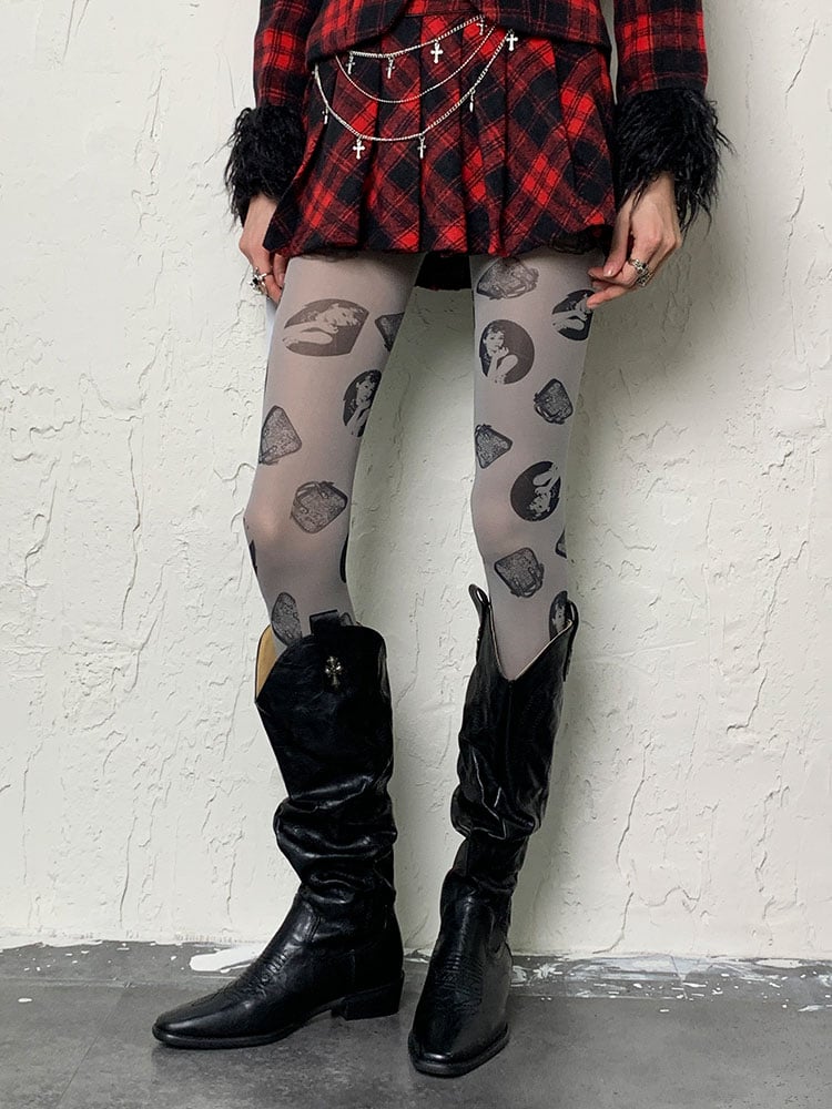 Y2K Gray Hepburn Print Tights