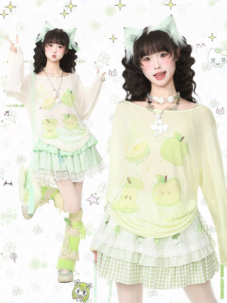 Breathable Apple-Print Long Sleeve Kawaii Top in Green for Warm Weather - Languid Park