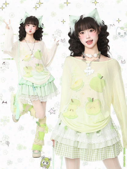 Breathable Apple-Print Long Sleeve Kawaii Top in Green for Warm Weather - Languid Park