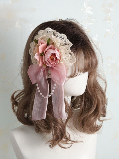 Chain with Brooch/Hairclip Bow Bead Floral Tulle and Pink