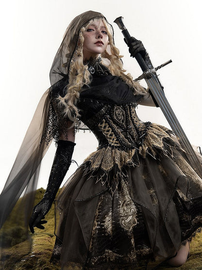 Brown & Gold Bone Dragon Embroidery Halter Neck Gothic Lolita Dress Set - Ying Luo Fu