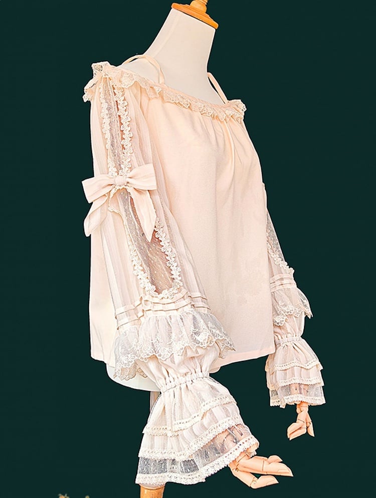Lace Blouse Trim with Apricot Off-the-shoulder Neckline Lolita Sleeves Semi-sheer and