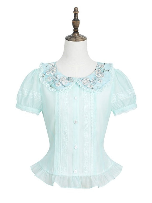Sweet Green Fitted Waist Peter Pan Collar Floral Embroidery Blouse with Ruffle - Yimu Walnut