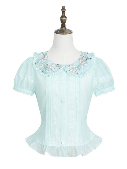 Sweet Green Fitted Waist Peter Pan Collar Floral Embroidery Blouse with Ruffle - Yimu Walnut