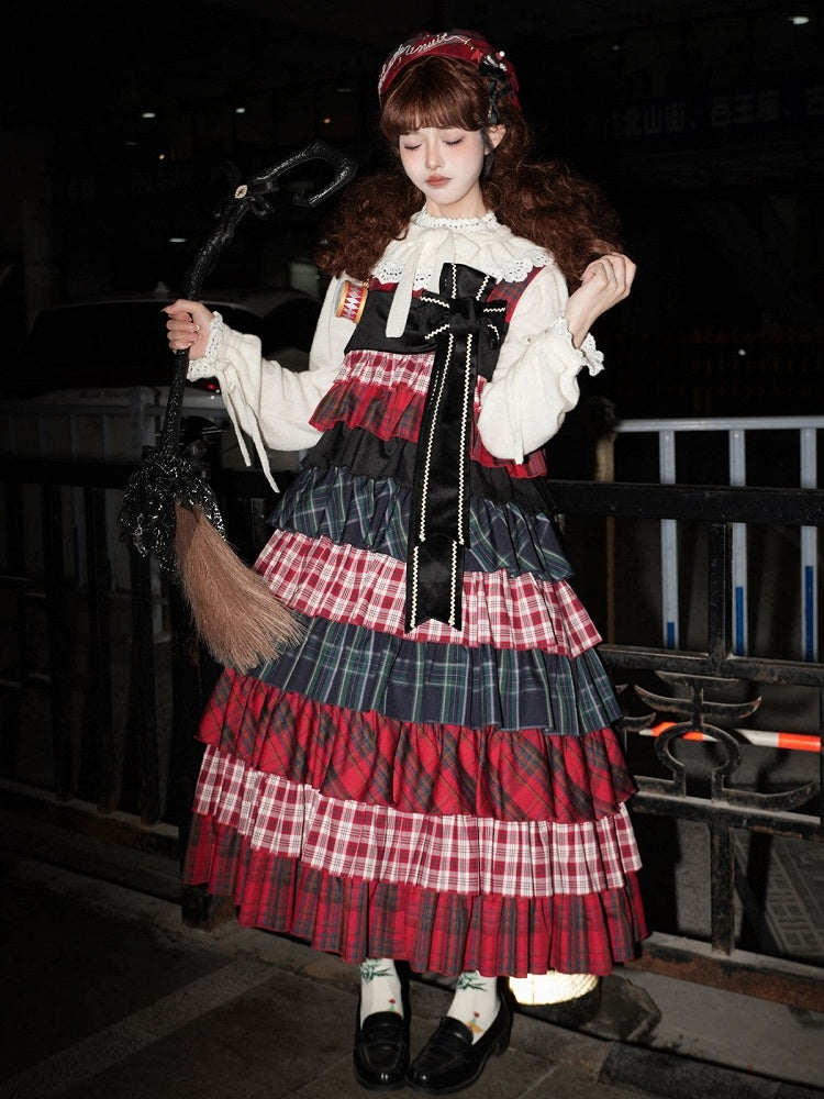 Sweet Lolita Red and Black Plaid Patchwork Long Layered JSK Gown with Bowknot Brooch - iris de nuit