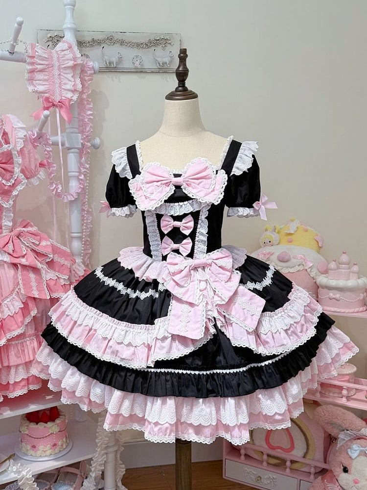 Stück und rosa Ärmel Lolita Schleife Ein Kleid süße kurze Akzente schwarz
