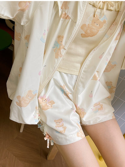 Shorts Hellgelb Elastische Taille Niedlicher Bärendruck Lässig