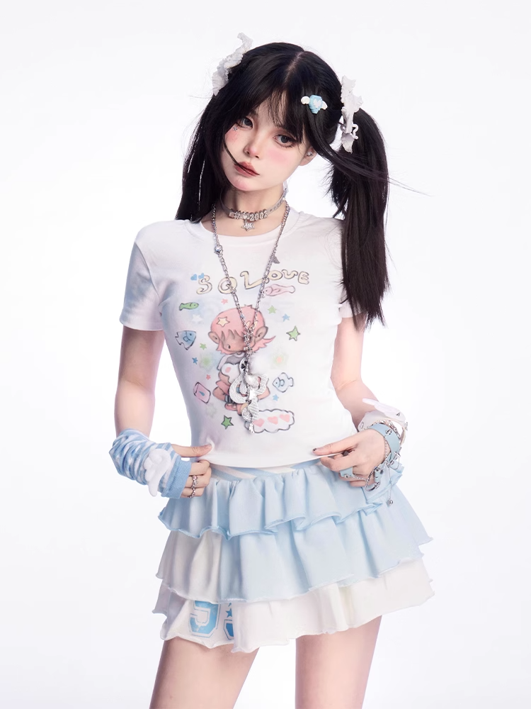 ホワイトラウンドネックかわいい漫画プリントTシャツ