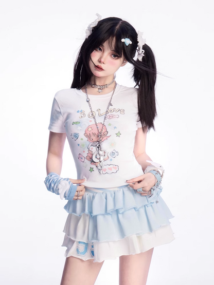 ホワイトラウンドネックかわいい漫画プリントTシャツ