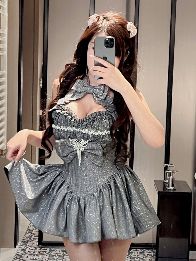 輝くグラデーションシルバーホルターネック スウィートハートネックライントップ + ロングスカート バースデーボールガウン