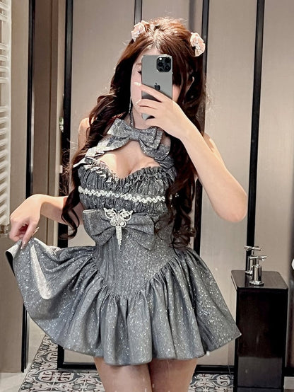 輝くグラデーションシルバーホルターネック スウィートハートネックライントップ + ロングスカート バースデーボールガウン