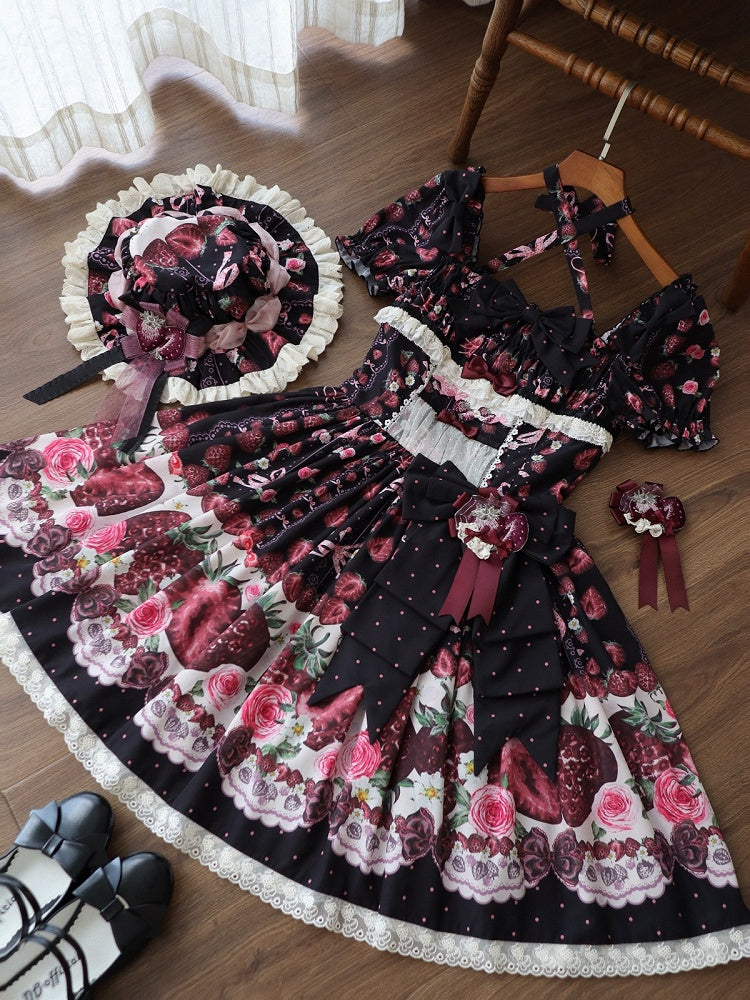 Black Strawberry Square Neck Puff Sleeve Lolita OP