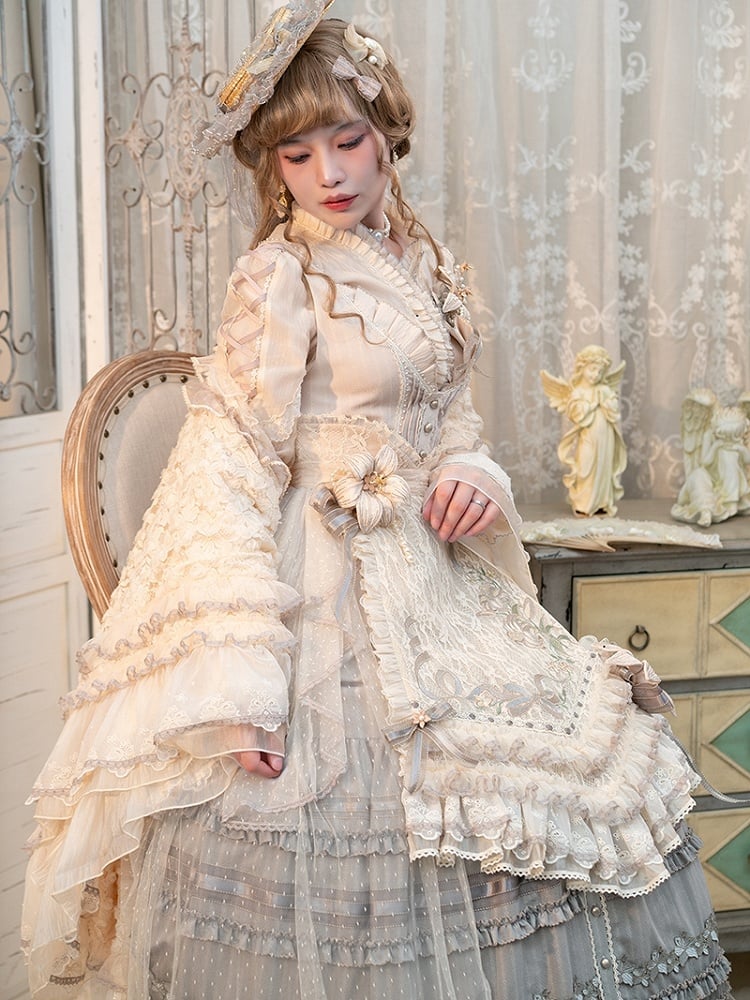 Lily Embroidery Applique Layered Hem Gray Classic Lolita Dress Front Button Placket