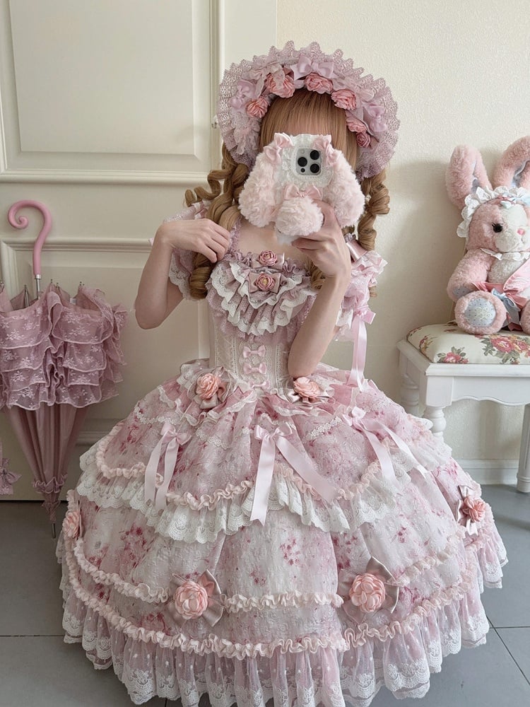 Ruffle Hime with Multi-Layered Lolita Pink Accents Puffy Rose Dress