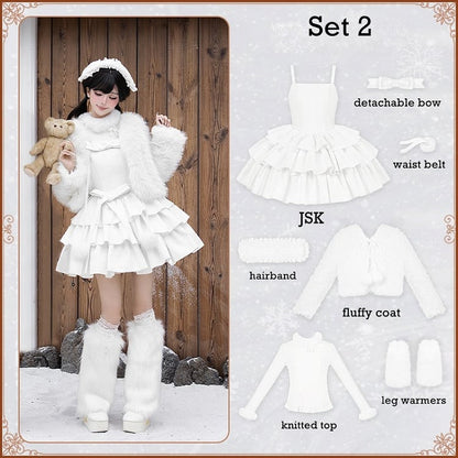 + Full Accessories Top - Sweet Lolita Winter Fluffy Dress Coat/Overdress JSK Knitted White Set All