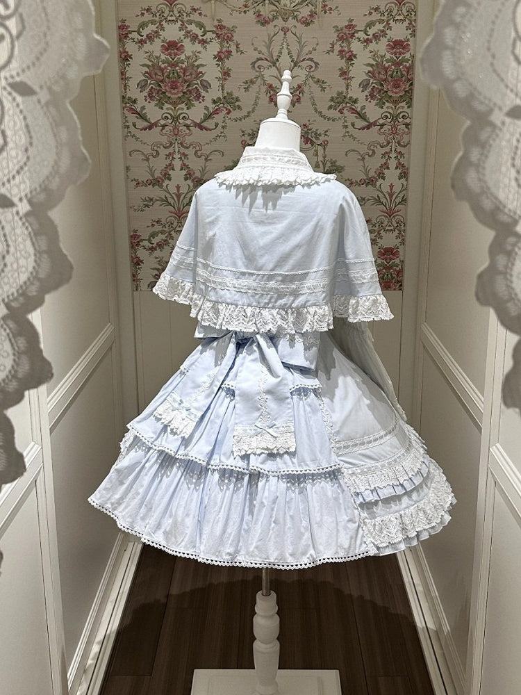 Snowfall-Themed Blue Cotton JSK Dress with Vintage Ruffle Accents