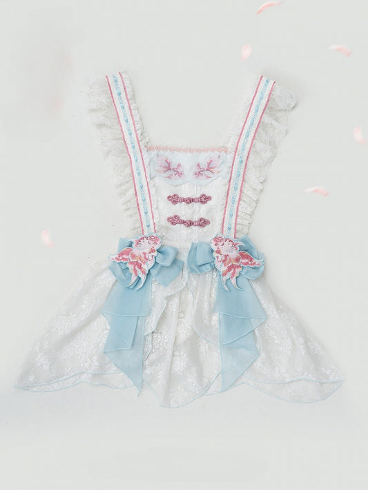 Embroidery Blue Fish and with Ruffles White Patch Golden Lace Apron