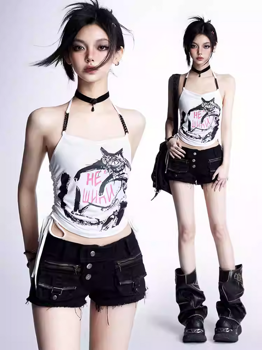 Schwarz/Weiß Top Taille Glamourös Kordelzug Katze Graffiti Print Neckholder