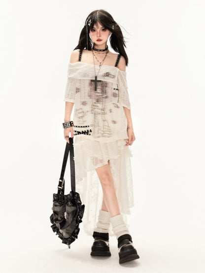 アプリコット/ブラック オフショルダー クロスストラップ カートゥーンガールプリント カバーアップ