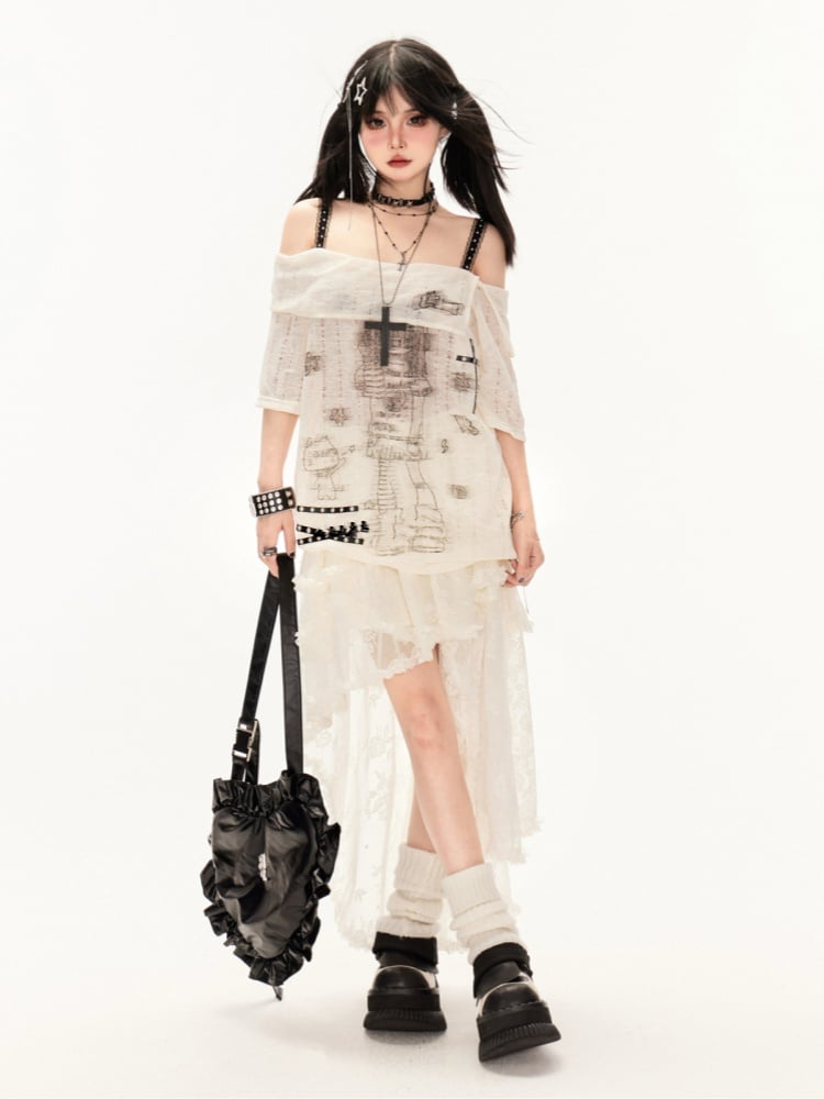 アプリコットのローウエストスカート、アシンメトリーヘム、ハイローティアードレース