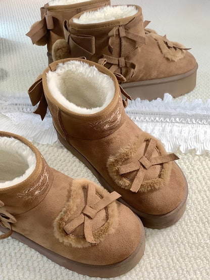 with Sweet Winter Accents - Applique Bow Boots Brown Heart Pompom Lolita Back