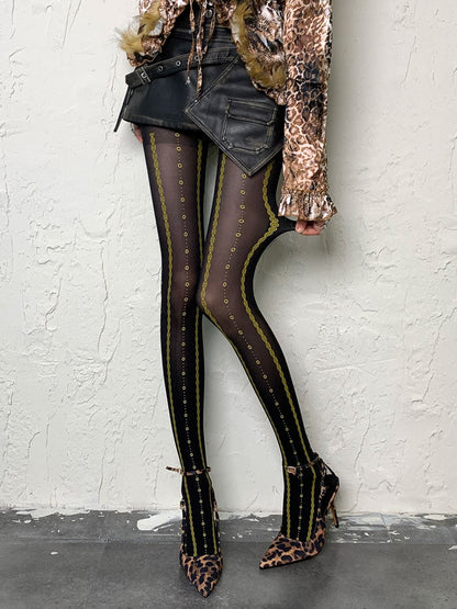 パンクなブラックY2Kプリントデザインタイツ