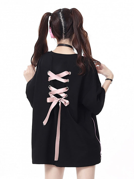 T-shirt with Details Multi-Color Black Ribbons Bow Lacing Back Print