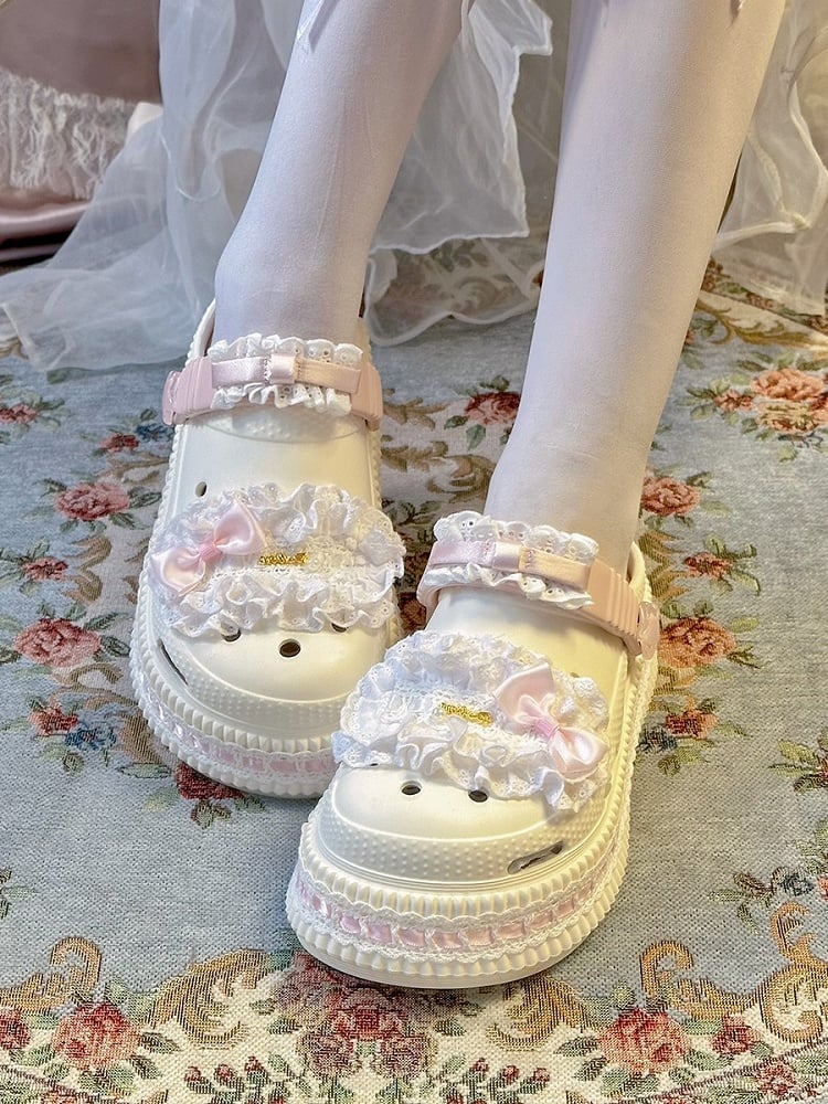 Details Bow Beige - Pink Clogs Sweet Lolita