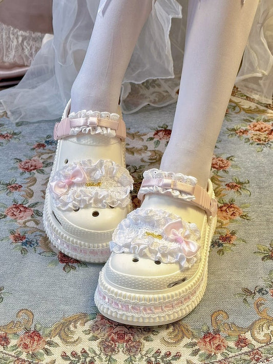 Details Bow Beige - Pink Clogs Sweet Lolita