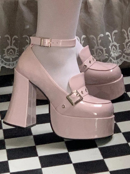 Platform High Block Heel & Buckle Design PU Peach Pink Y2K Shoes