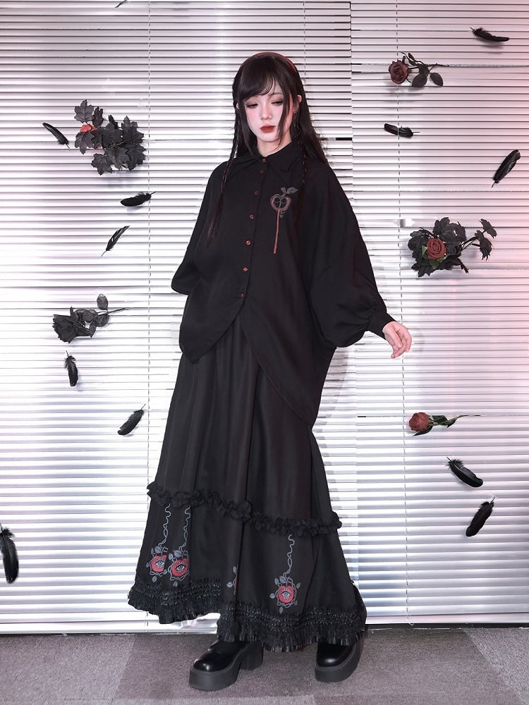With Skirt Eden-inspired Trim Gothic Black Midi Print Lace