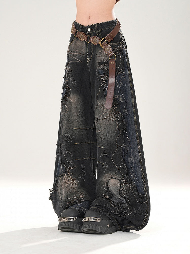 Jeans Design Distressed Black Patchwork Wide-Leg with