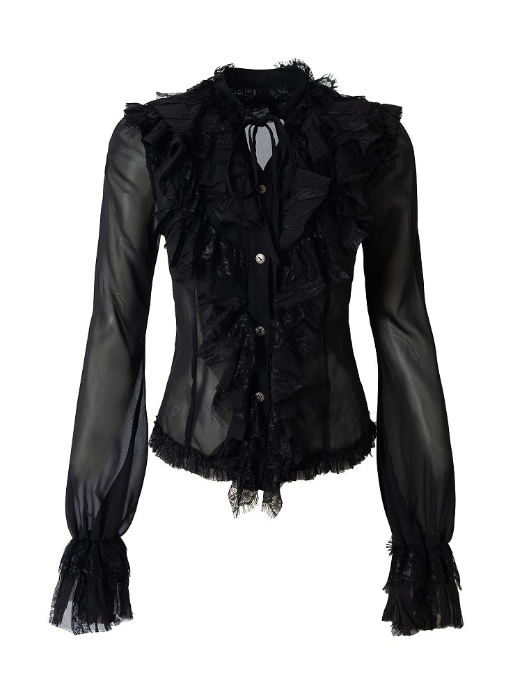 with Lace Tie-Neck Delicate Blouse Vintage Black Accents Princess
