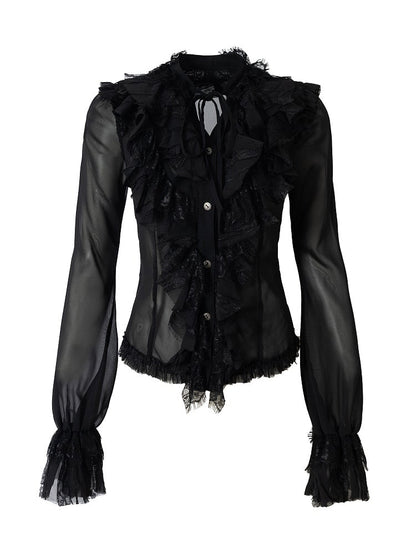 with Lace Tie-Neck Delicate Blouse Vintage Black Accents Princess