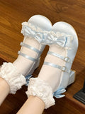 Toe Blue Shoes Sweet with Lolita - Ruffle Round Lace Mid-heel