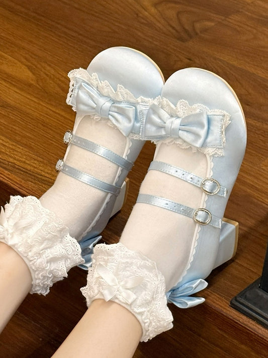 Toe Blue Shoes Sweet with Lolita - Ruffle Round Lace Mid-heel