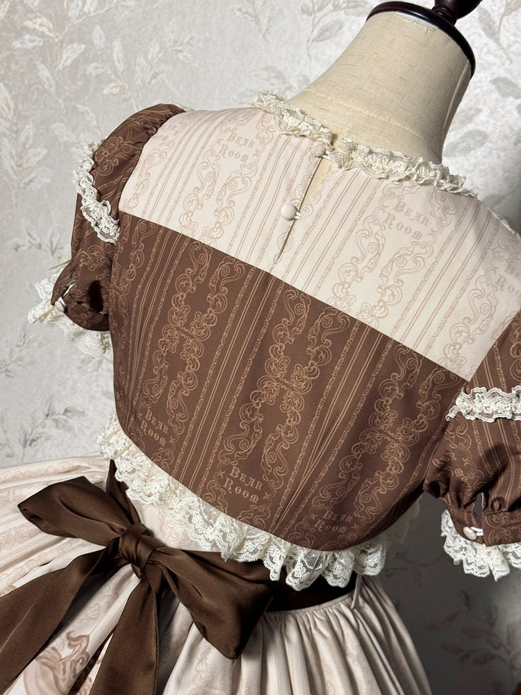 Braunes Lolita-Kleid mit Rüschen und Rundhalsausschnitt, Kitty- und Teddy-Print, Sweet Lolita OP